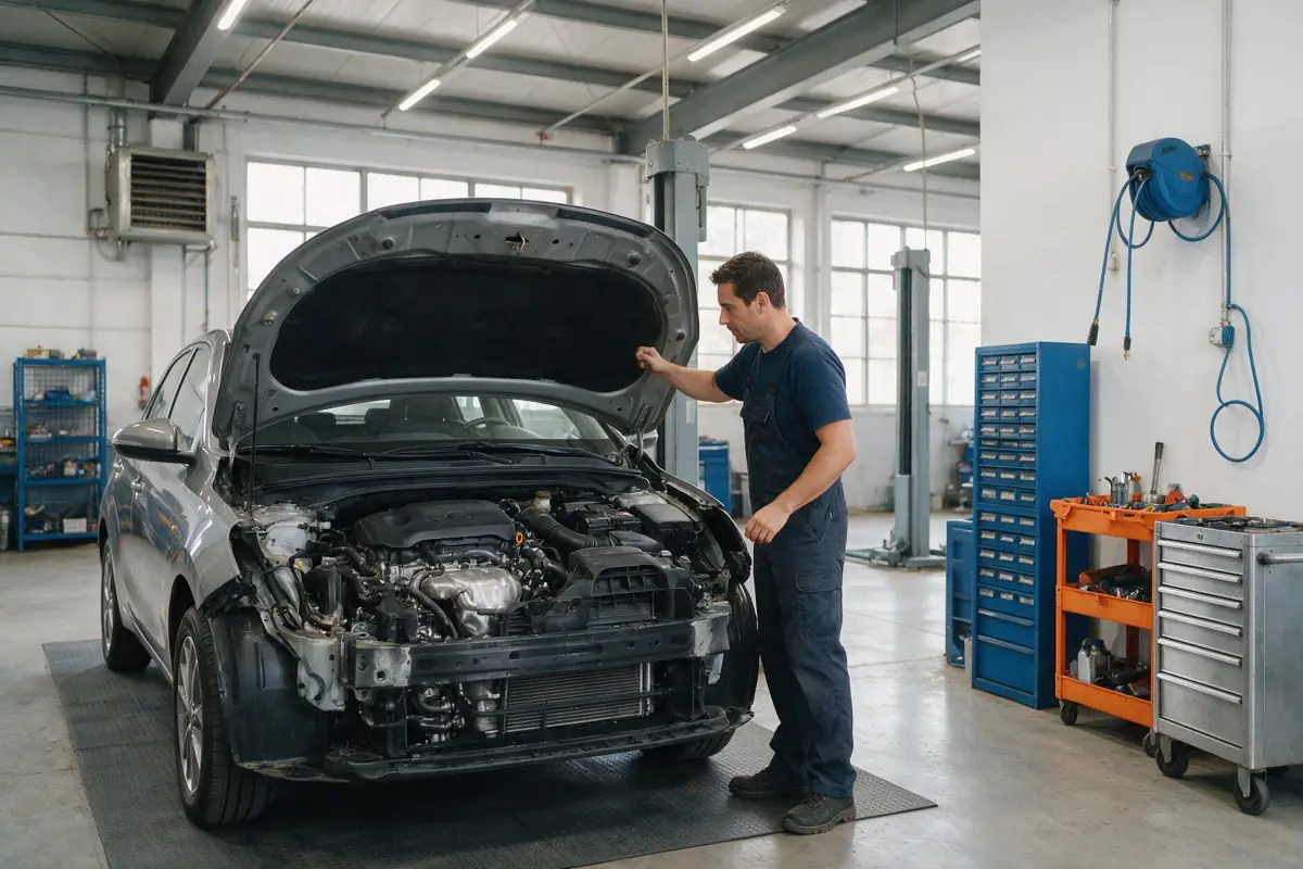 Mecánico revisa un auto en un taller