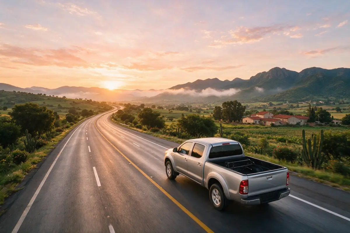 Pickup plateada en una carretera del Bajío