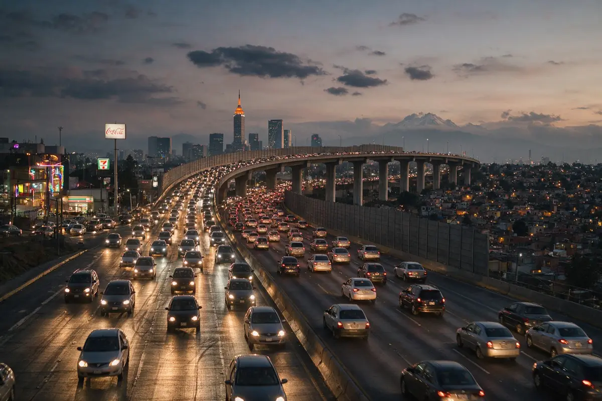 Tráfico en el Periférico de la Ciudad de México al atardecer